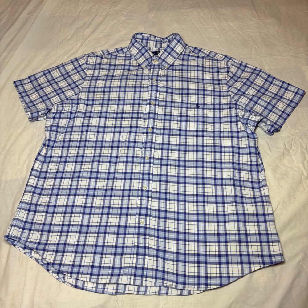 Polo Ralph Lauren Mens XL Blue White Plaid Short Sleeve Button Down Shirt Cotton - Picture 2 of 8